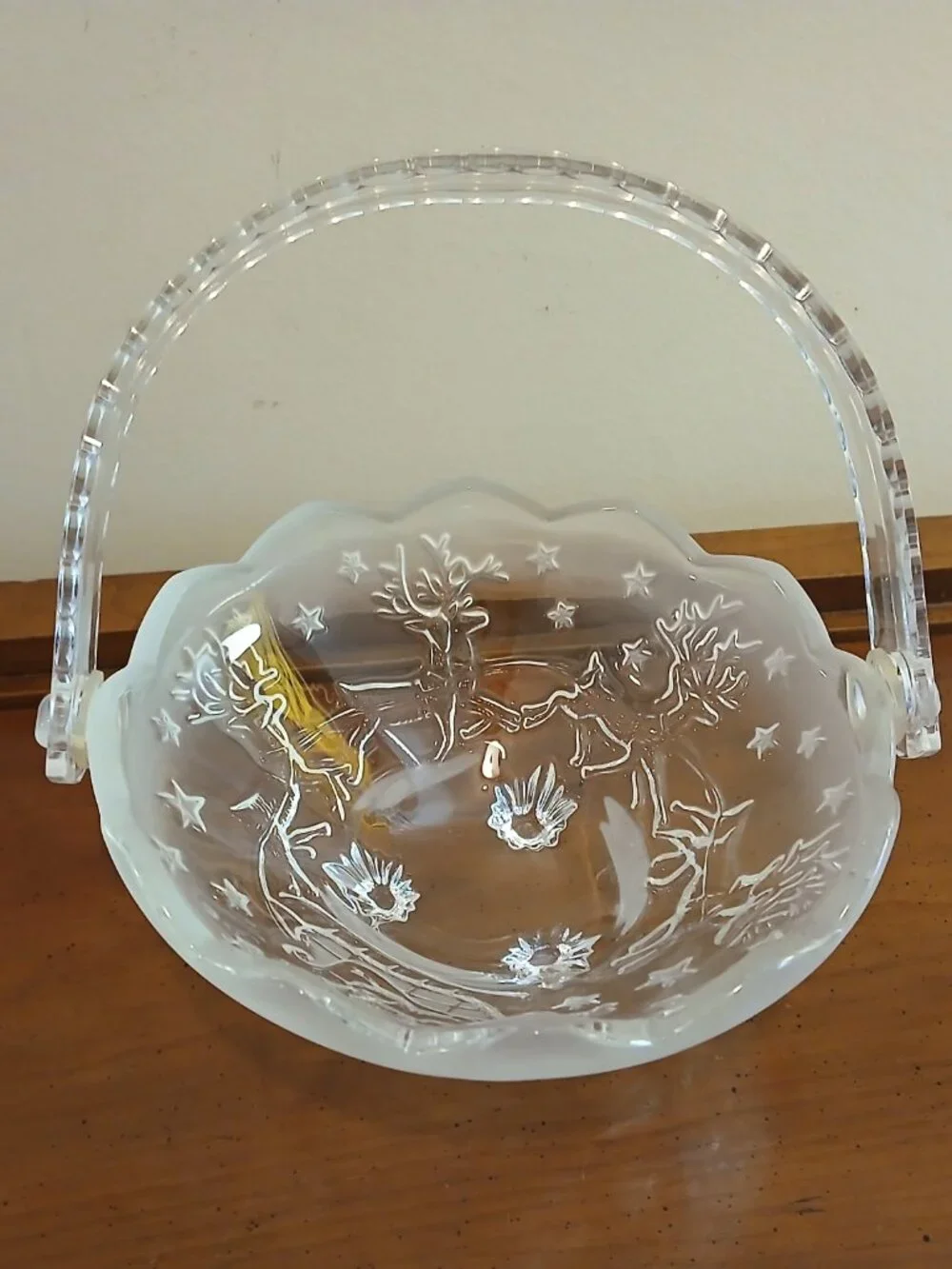 Vintage Christmas Santa & Reindeer Frosted Glass Basket w Lucite Plastic Handle